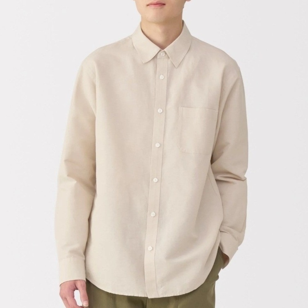 MUJI 100% Hemp Shirt Men M Tan Long Sleeve Button Minimalist Eco-Friendly Earthy